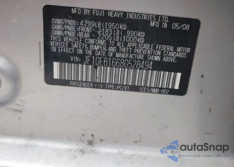 2008 Subaru Impreza 2.5I from USA, damaged, VIN JF1GE61668G528494